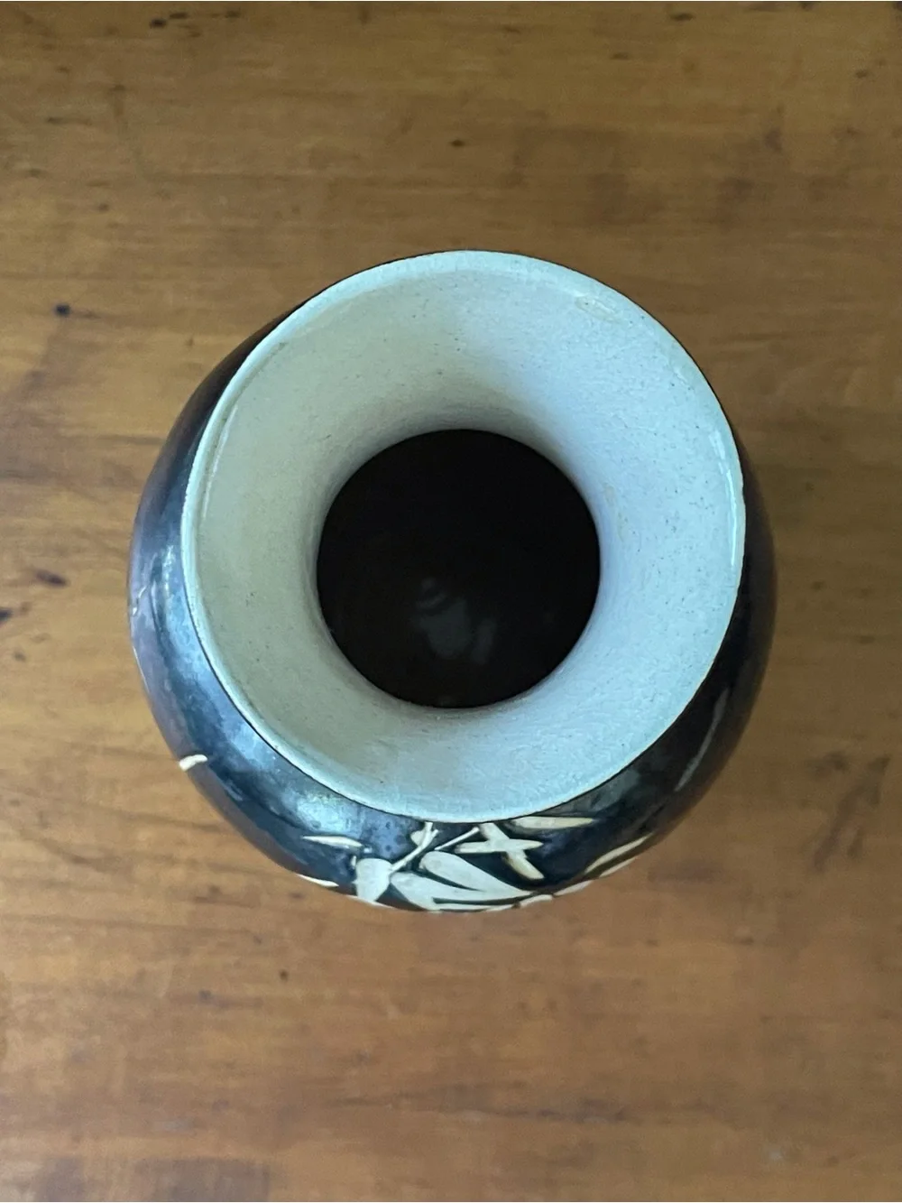 Vintage Mid Century Mod Black With Etched Bamboo Design Japanese Pottery Vase 9”